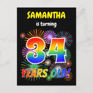 Carte Postale 34e anniversaire - Fun Fireworks, Rainbow Look "34
