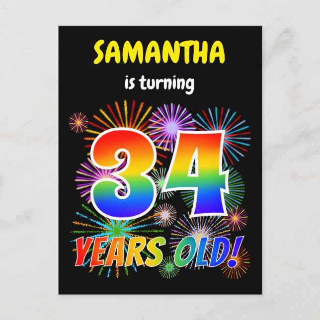 Carte Postale 34e anniversaire - Fun Fireworks, Rainbow Look "34 (Devant)