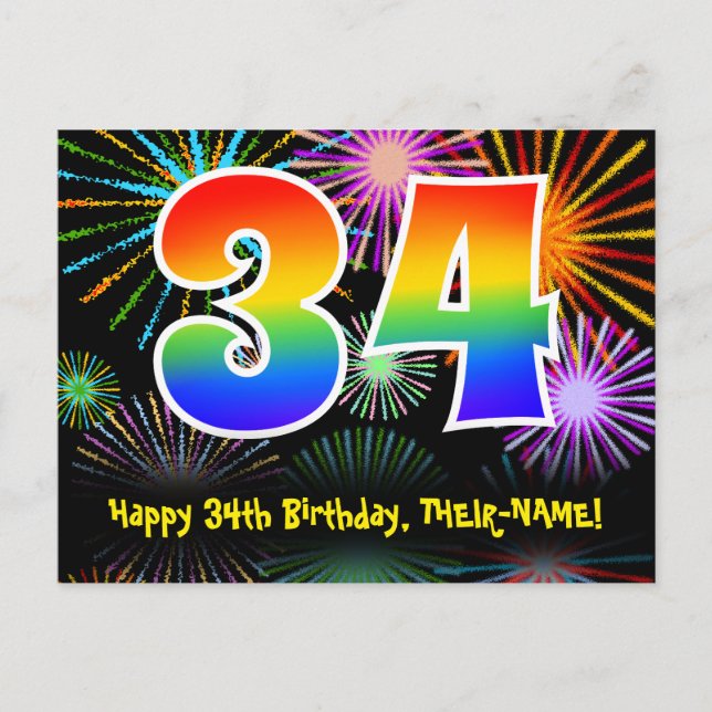 Carte Postale 34e Anniversaire – Motif de feux d'artifice amusan (Devant)
