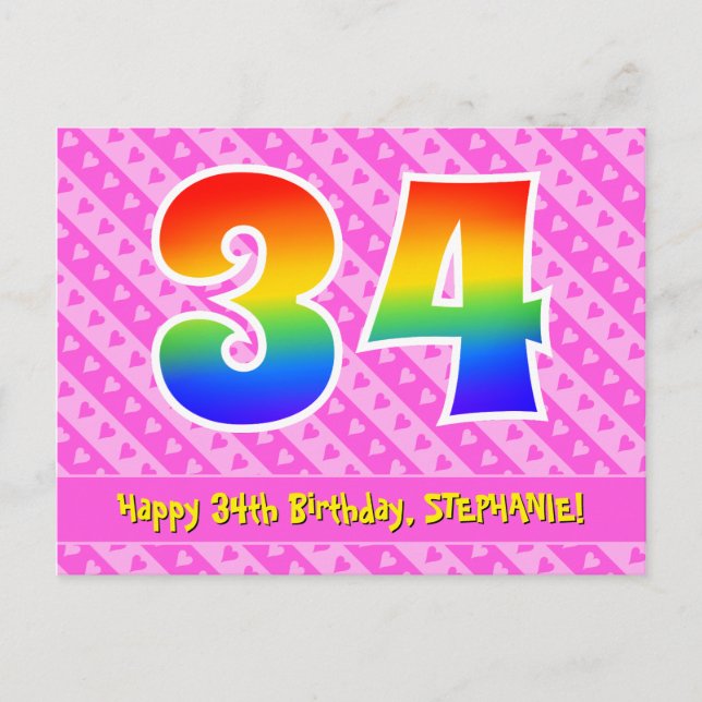 Carte Postale 34e anniversaire : Pink Stripes & Hearts, Arc en c