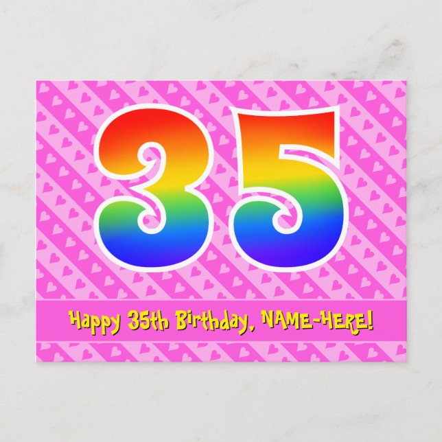 Carte Postale 35e Anniversaire : Rayures roses & Cœurs, Arc-en-c (Devant)