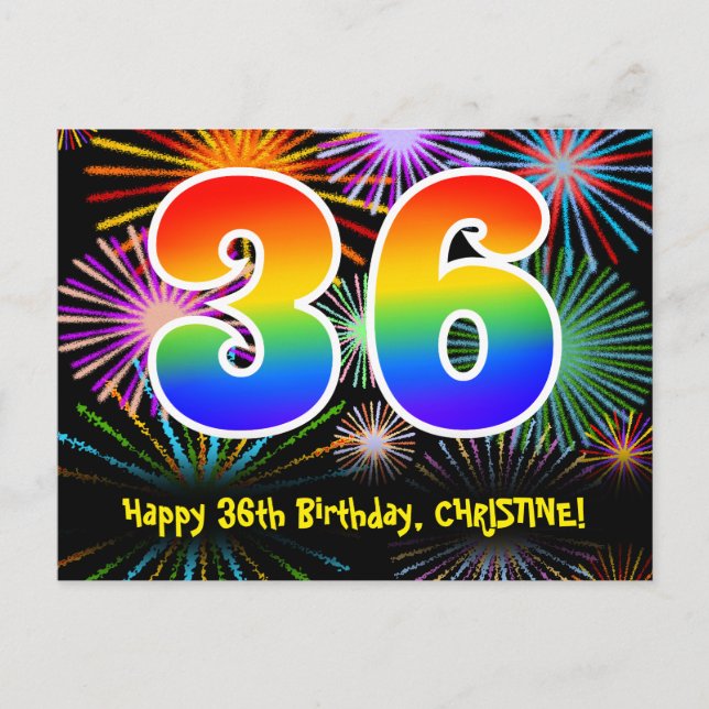 Carte Postale 36e anniversaire - Fun Fireworks Motif + Arc-en-ci (Devant)