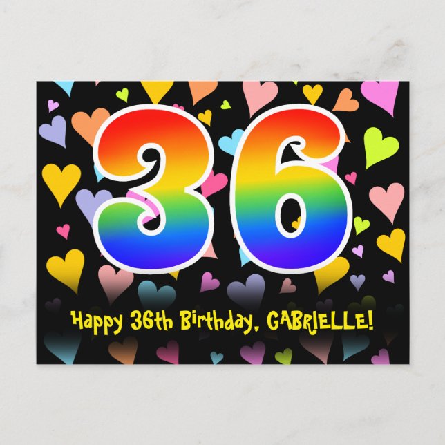 Carte Postale 36e Anniversaire : Motif coeurs amusants, arc-en-c (Devant)
