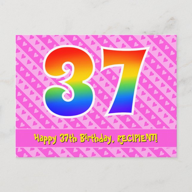 Carte Postale 37e anniversaire : bandes roses et cœurs, arc-en-c (Devant)