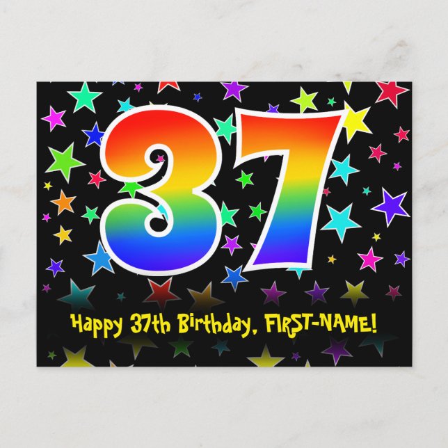 Carte Postale 37e anniversaire : Fun Stars Motif, Arc-en-ciel 37 (Devant)