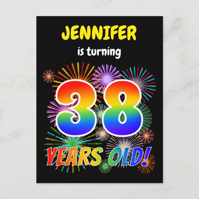 Carte Postale 38e anniversaire - Fun Fireworks, Rainbow Look "38 (Devant)