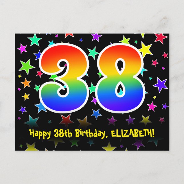 Carte Postale 38e anniversaire : Fun Stars Motif, Rainbow 38, No (Devant)