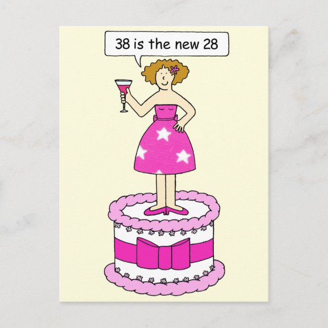 Carte Postale 38e anniversaire Humour dame sur un gâteau géant (Devant)