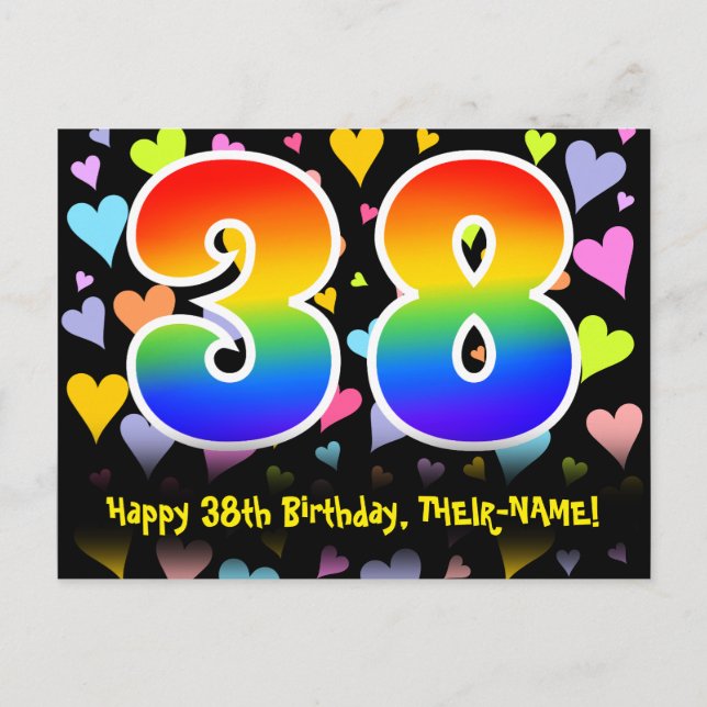 Carte Postale 38e Anniversaire : motif de cœurs amusants, arc-en (Devant)