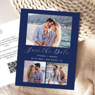 Carte Postale 3 Code QR Photo Bleu Marine Save the Date