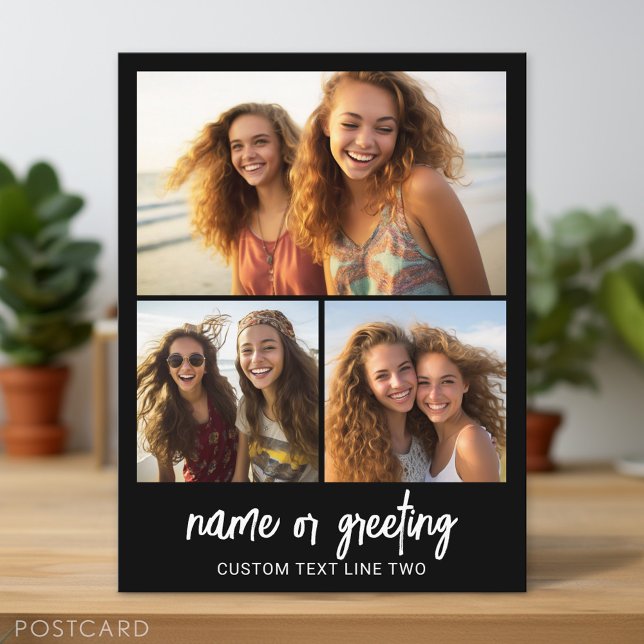 Carte Postale 3 Collage de photos avec texte de script - noir bl (Personalized Photo Postcard)