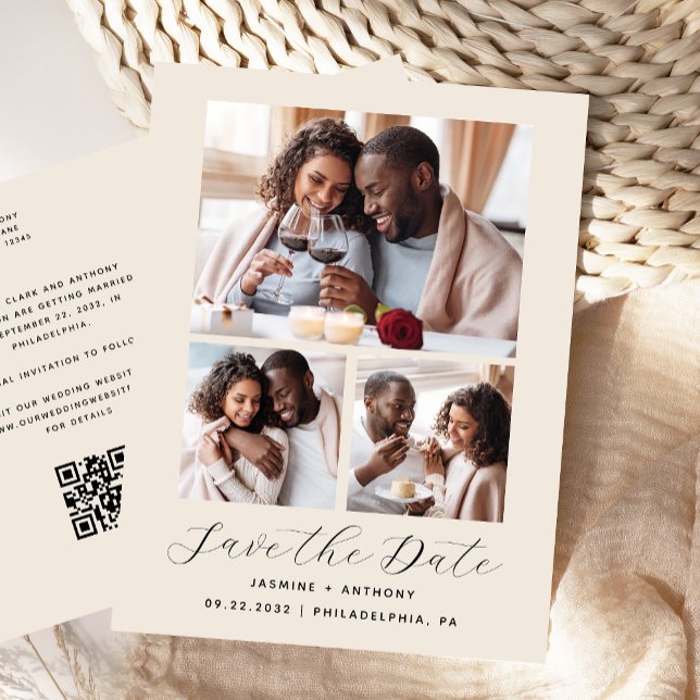 Carte Postale 3-Photo Collage QR Code Beige Enregistrer la date (Créateur téléchargé)