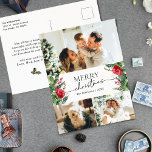 Carte Postale 3 Photo Elégant hiver Botanique Joyeux Noël<br><div class="desc">Cette collection présente des fleurs rouges aquarelles,  des baies et de la verdure hivernale avec une typographie moderne et élégante,  avec un motif botanique d'hiver.</div>