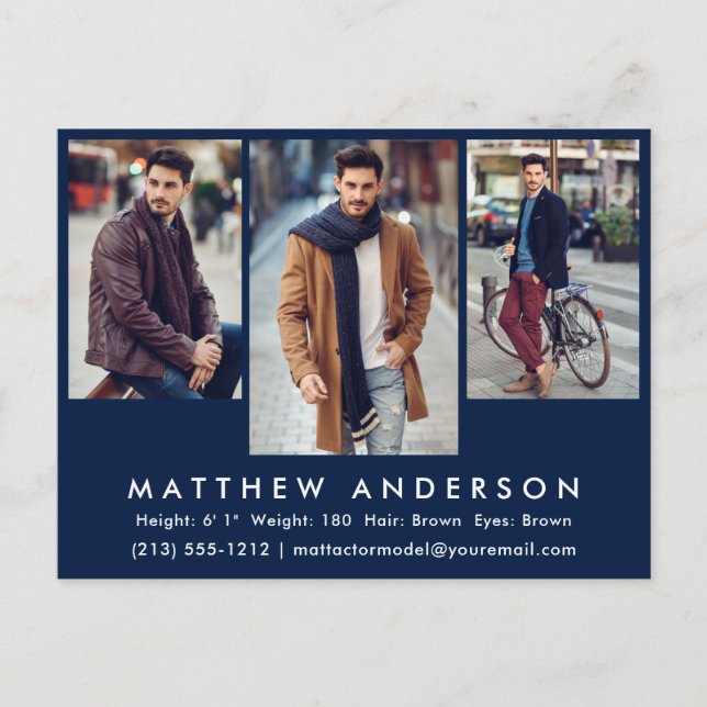 Carte Postale 3 Photo Model Actor Photo Comp Card Postcard Blue (Devant)