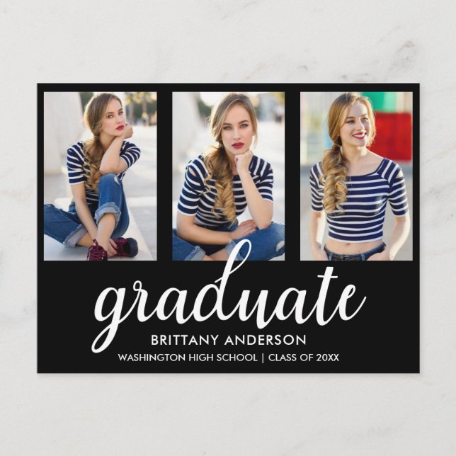 Carte Postale 3 Photo Modern Gold Graduation Party Invitation BW (Devant)