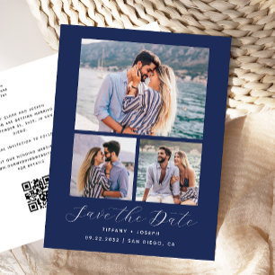 Carte Postale 3 Photo QR Code Bleu Nuit Save the Date