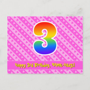 Carte Postale 3e anniversaire: Bandes roses et cœurs, Arc-en-cie
