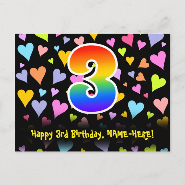 Carte Postale 3e anniversaire : motif coeurs amusants, arc-en-ci (Devant)