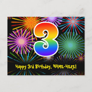 Carte Postale 3ème anniversaire - Fun Motif Fireworks + Rainbow