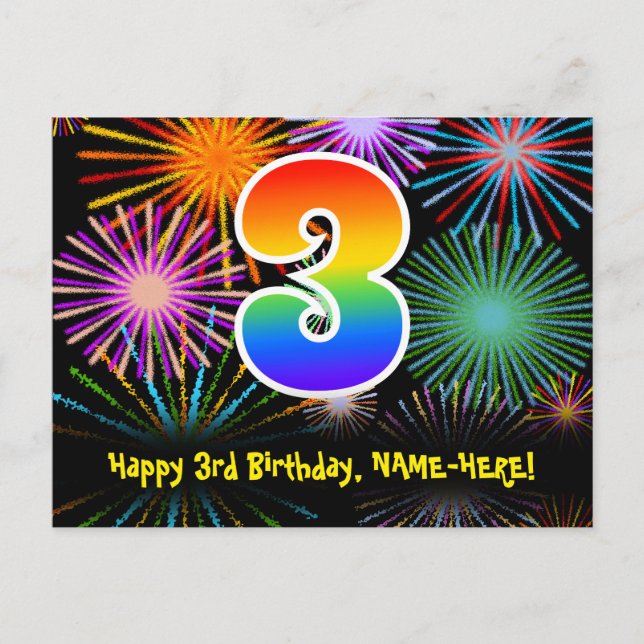 Carte Postale 3ème anniversaire - Fun Motif Fireworks + Rainbow  (Devant)