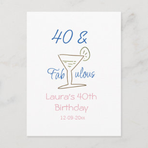 Carte Postale 40 ans & fabulous bleu nom date martini g