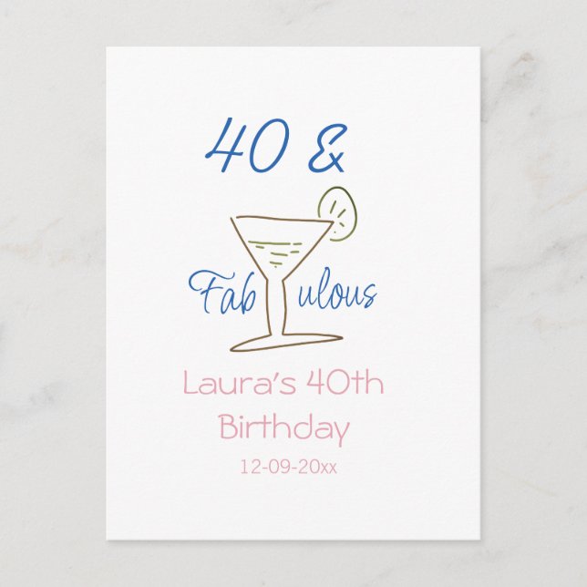 Carte Postale 40 ans & fabulous bleu nom date martini g (Devant)