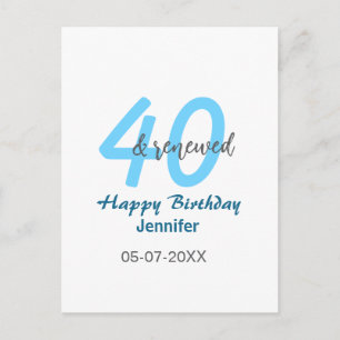 Carte Postale 40 ans & nom de date renouvelé bleu gras nombre