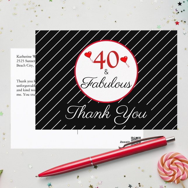Carte Postale 40 & Fabuleux 40e anniversaire Photo Merci noir (40 & Fabulous 40th Birthday Photo Black Thank You Postcard)