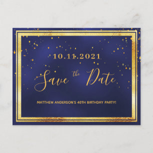 Carte Postale 40e anniversaire bleu foncé or enregistrer la date