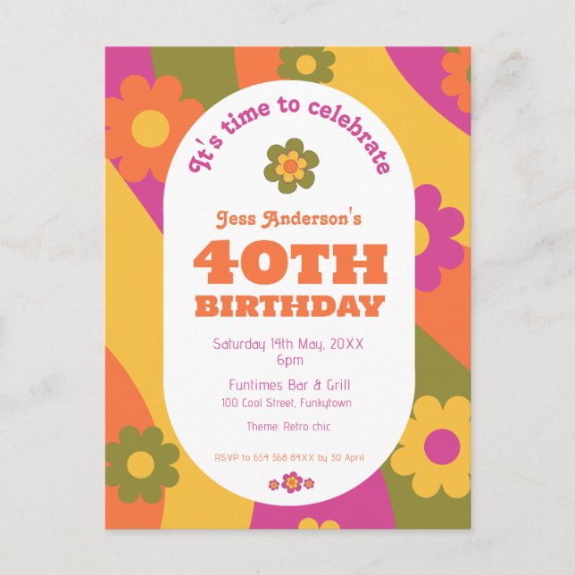 Carte Postale 40e anniversaire de l'invitation funky floral (Devant)