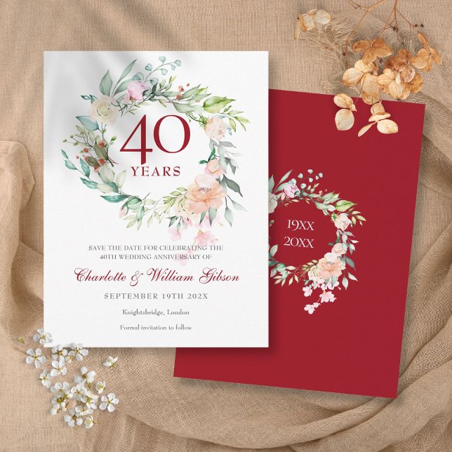 Carte Postale 40e anniversaire de mariage Rubis Save the Date Gu (40th Ruby Anniversary Save the Date Roses Garland Postcard)