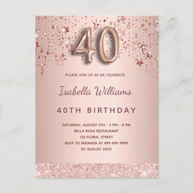 Carte Postale 40e anniversaire rose or rose étoiles script ballo (Devant)