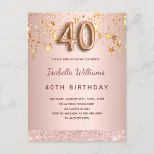 Carte Postale 40e anniversaire rose or rose étoiles script ballo