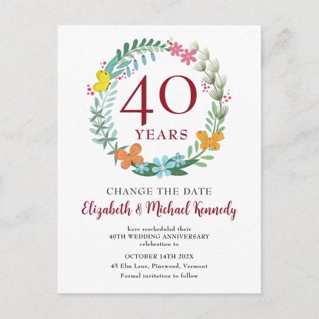 Carte Postale 40e anniversaire Ruby Floral Wreath Date de change (Devant)