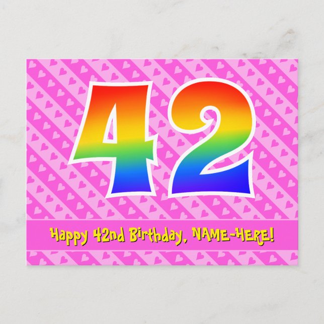 Carte Postale 42e anniversaire : Pink Stripes & Hearts, Arc en c (Devant)