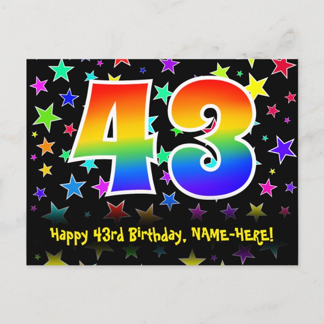 Carte Postale 43e anniversaire : Fun Stars Motif, Arc-en-ciel 43 (Devant)