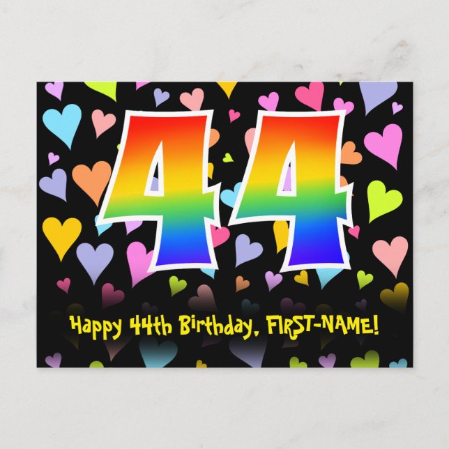 Carte Postale 44e anniversaire : Fun Hearts Motif, Arc-en-ciel 4 (Devant)