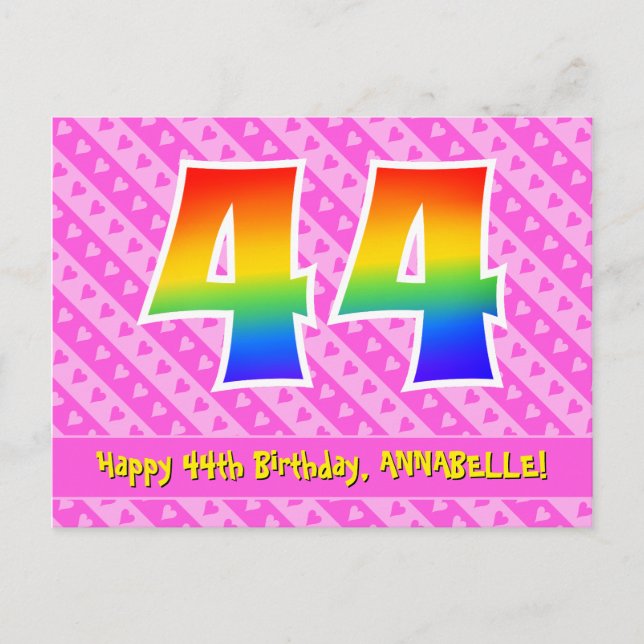 Carte Postale 44e anniversaire : rayures roses et cœurs, arc-en- (Devant)