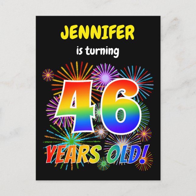 Carte Postale 46e anniversaire - Fun Fireworks, Rainbow Look "46 (Devant)