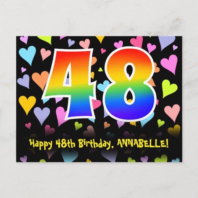 Carte Postale 48e anniversaire : Fun Hearts Motif, Arc-en-ciel 4 (Devant)