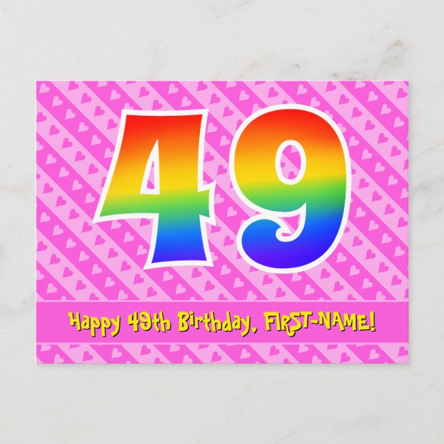 Carte Postale 49e Anniversaire : Rayures roses et cœurs, Arc-en- (Devant)