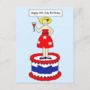 Carte Postale 4 juillet Anniversaire dame caricaturale sur un gâ