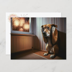 Carte Postale 4 juillet Chien et feux d'artifice