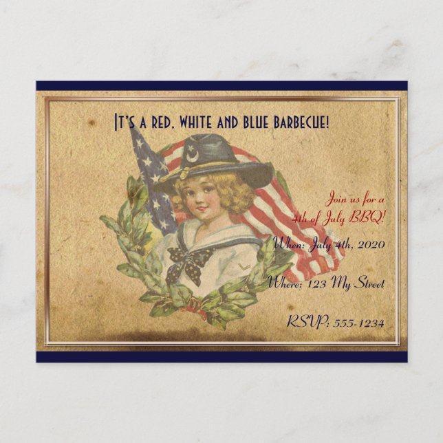 Carte Postale 4 juillet fille Vintage avec drapeaux (Devant)