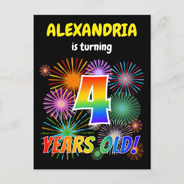 Carte Postale 4e anniversaire - Fun Fireworks amusants, Rainbow  (Devant)