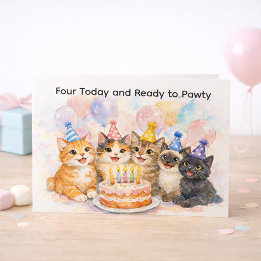 Carte Postale 4th Birthday Card for Girls Fun Cat Party 