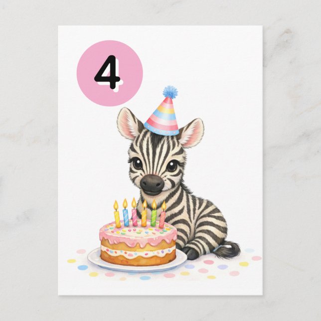 Carte Postale 4th Birthday for Girls Sweet Zebra Postcard  (Devant)