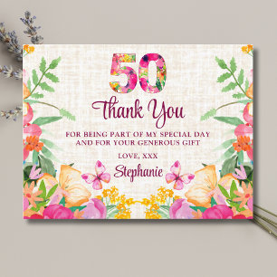 Carte Postale 50 ans Fleurs lin floral 50e anniversaire Merci