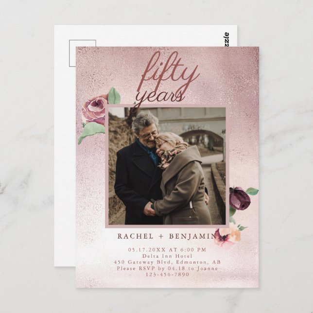 Carte Postale 50 ans Mariage Anniversaire Rose Gold Parties scin (Devant / Derrière)