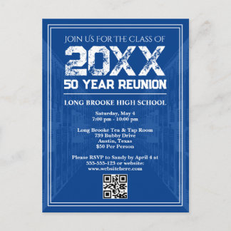 Carte Postale 50 Year High School Reunion Retro Blue Varsity QR
